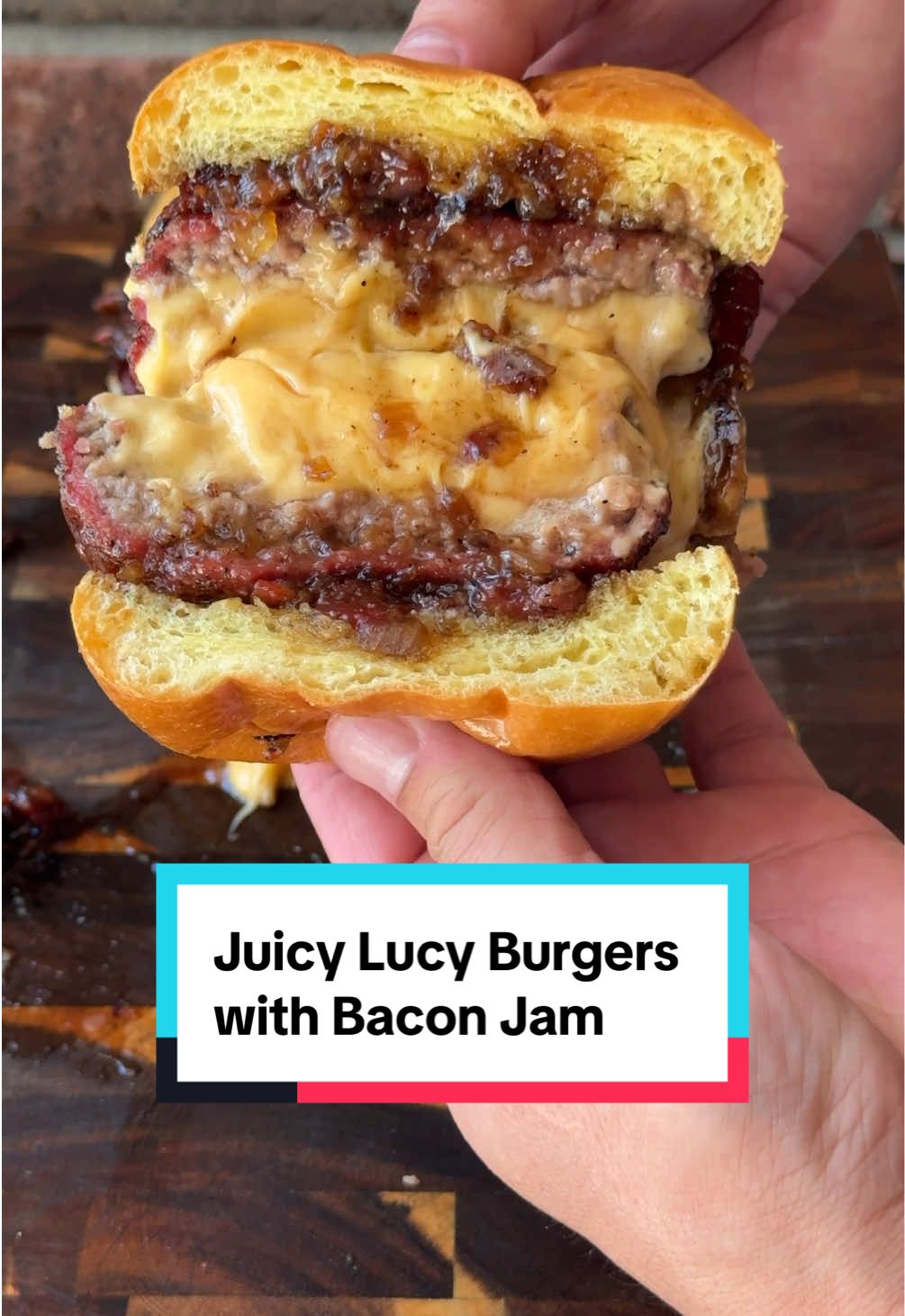 TikTok post by @ninjacue for Bear Mountain BBQ. Caption reads: Juicy Lucy Bacon Jam Burgers. Fueled by....