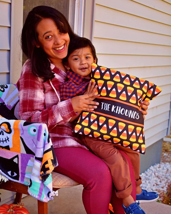 Instagram post by @organicappetite for Personalization Mall. Caption reads: Check out this personalized throw pillow and door....
