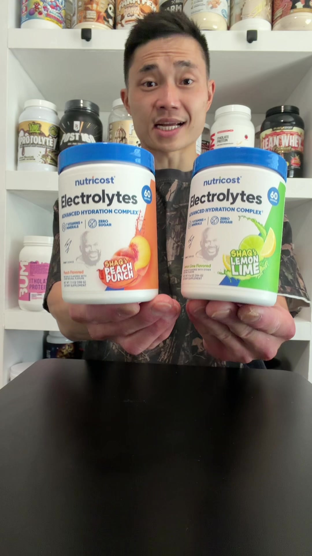 TikTok post by @j_jungy for Nutricost. Caption reads: NEW Shaq x @Nutricost Electrolytes Peach Punch....