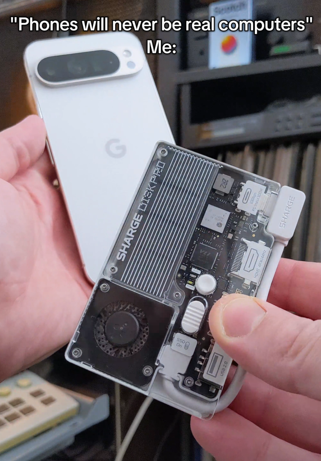 TikTok post by @emazamboni for Sharge. Caption reads: [...] Probably the coolest SSD + HUB ever #sharge....
