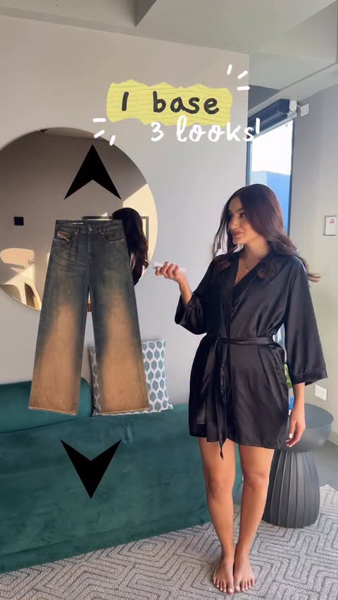 Instagram post by @vivianossa for Diesel. Caption reads: 1 base 3 outfits ❤️‍🔥 cuál fue tu fav 1,2 o 3? ....