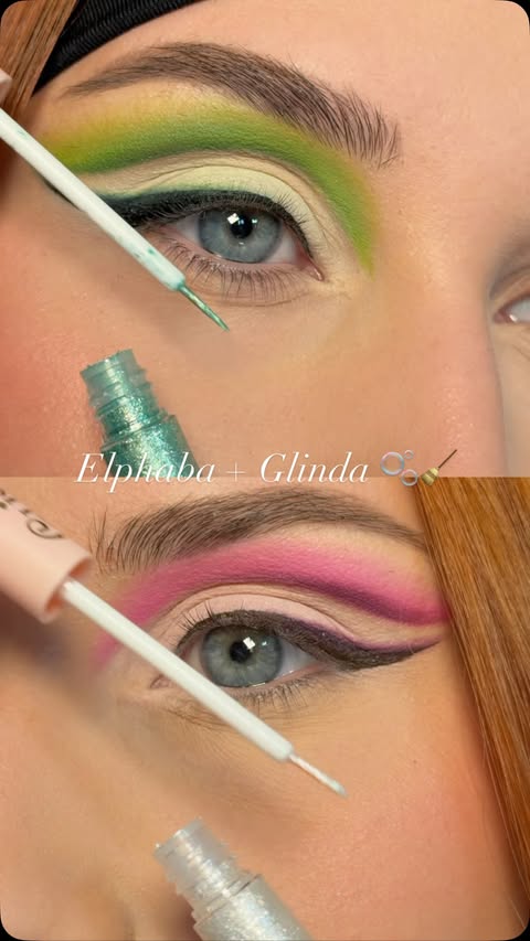 Instagram post by @chloeandcosmetics for About-face Beauty. Caption reads: Elphaba + Glinda makeup trend - chloeandcosmetics....