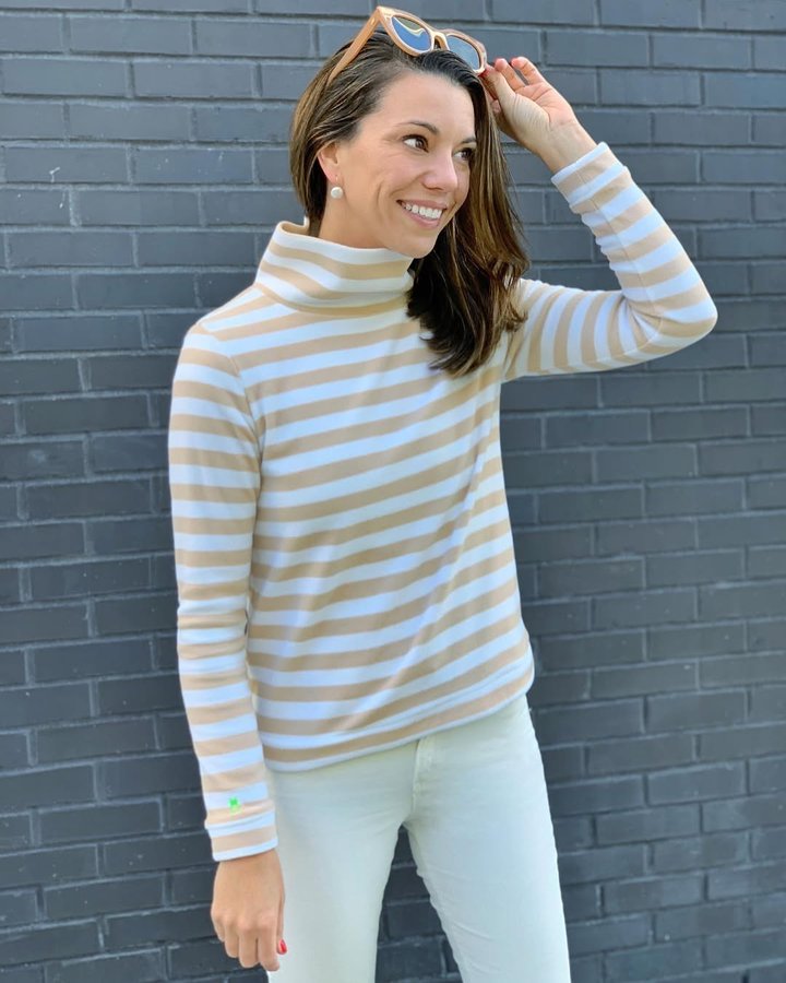 Instagram post by @sarah_rose_stuart for Dudley Stephens. Caption reads: stripes for all seasons 🤍 shop the drop via my....