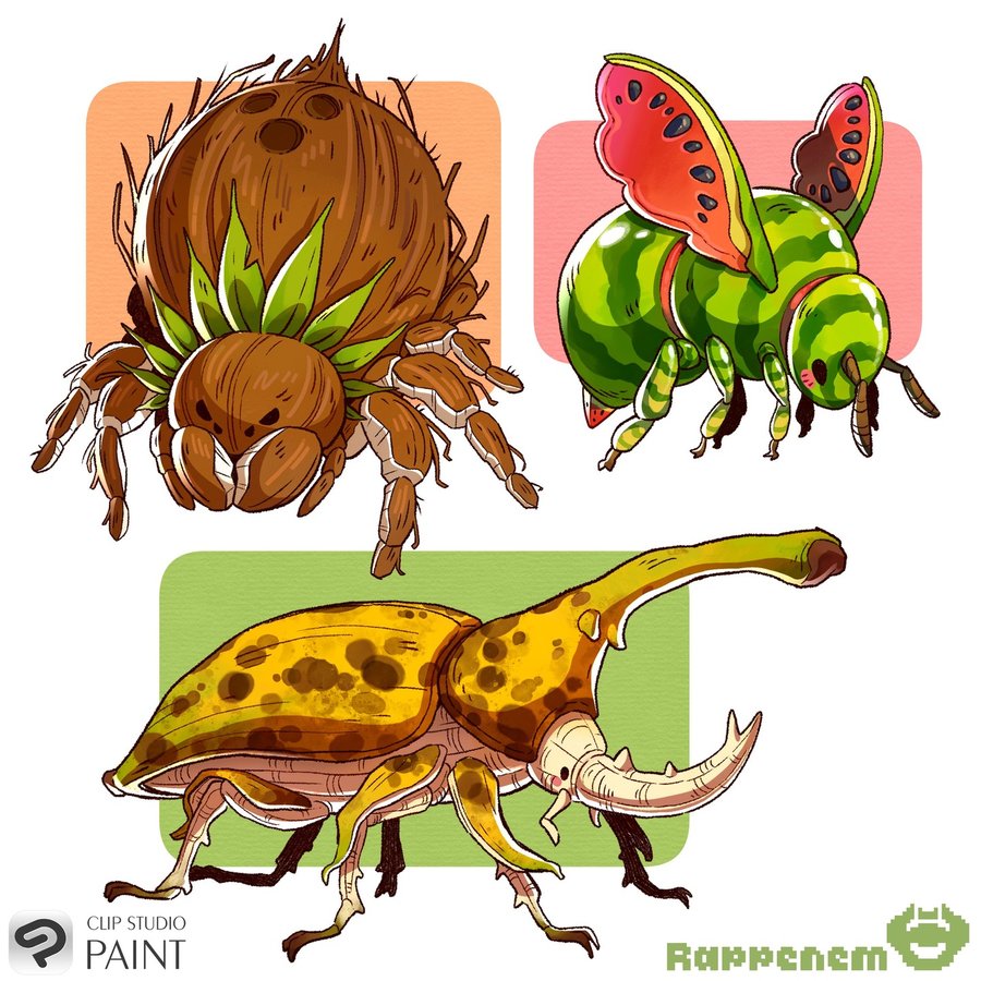 Instagram post by @rappenem_ for Clip Studio Paint. Caption reads: Fruit bugs 🥥🍉🍌

Made this drawing in collab....