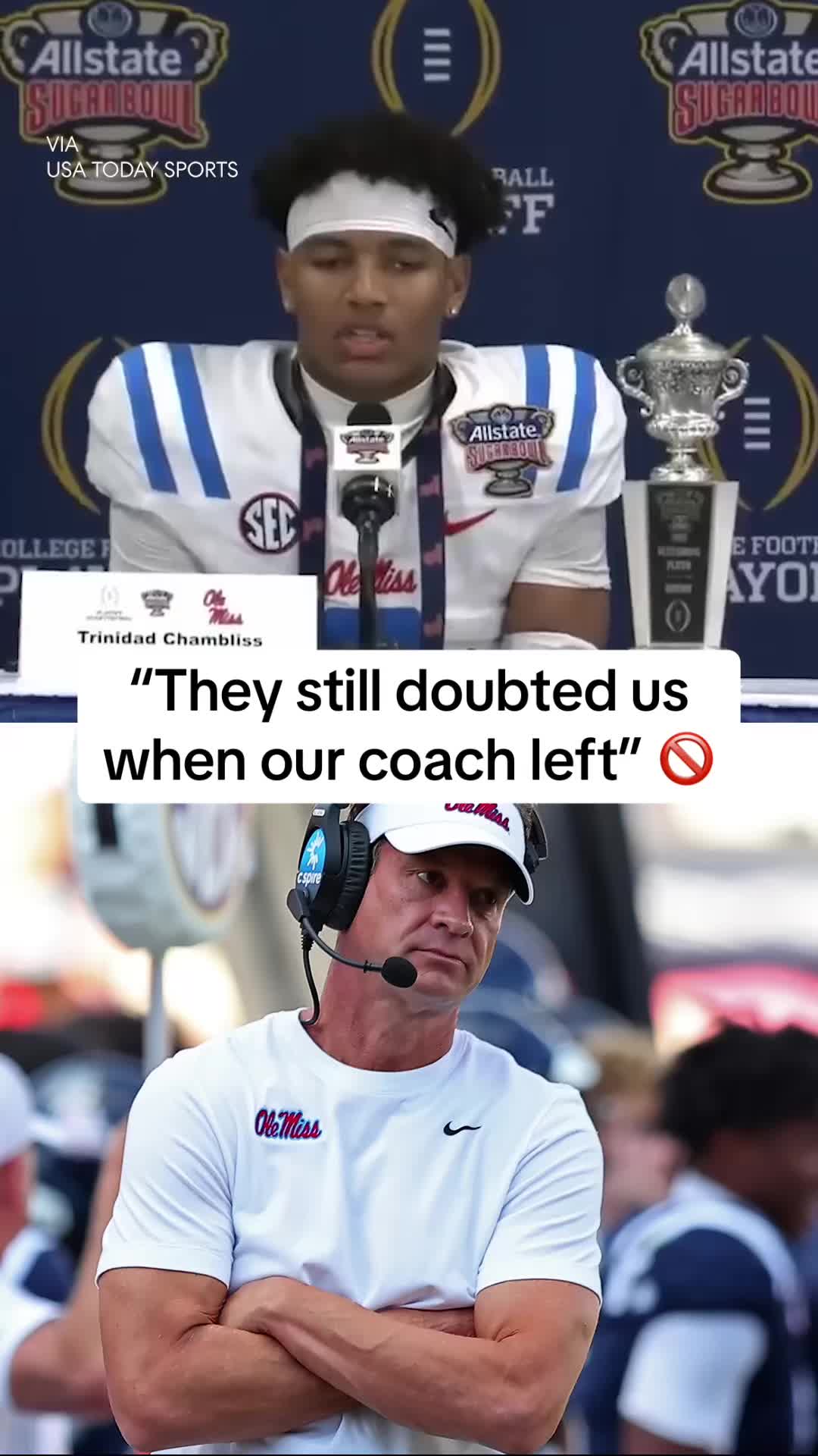 TikTok post by @yahoosports for USA TODAY. Caption reads: [...] of destiny talk 🙅‍♂️ #cfb #olemiss #cfp ....