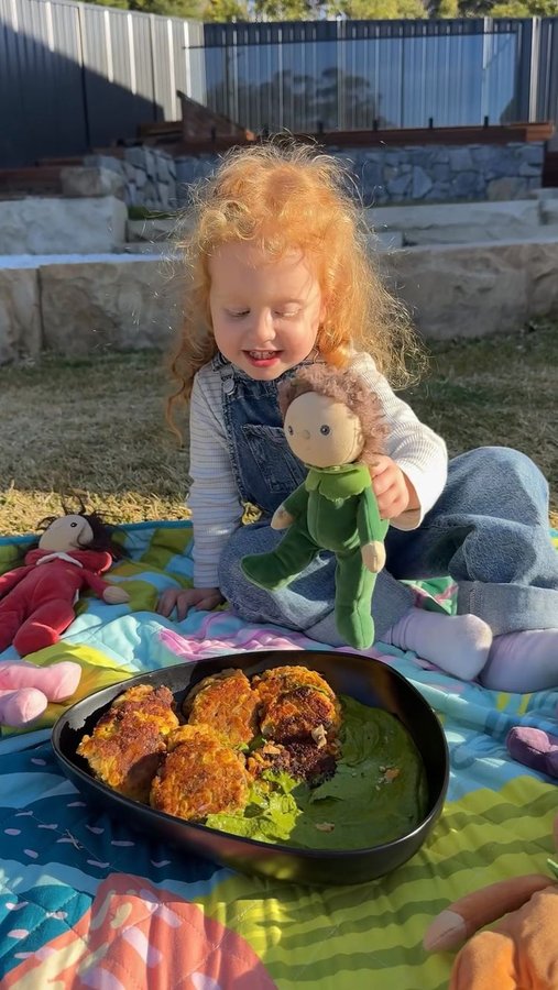 Instagram post by @little.vegan.eats for Olli Ella. Caption reads: 🌱 “EVERYTHING” FRITTERS & NO-WASTE PESTO 🌱

So....